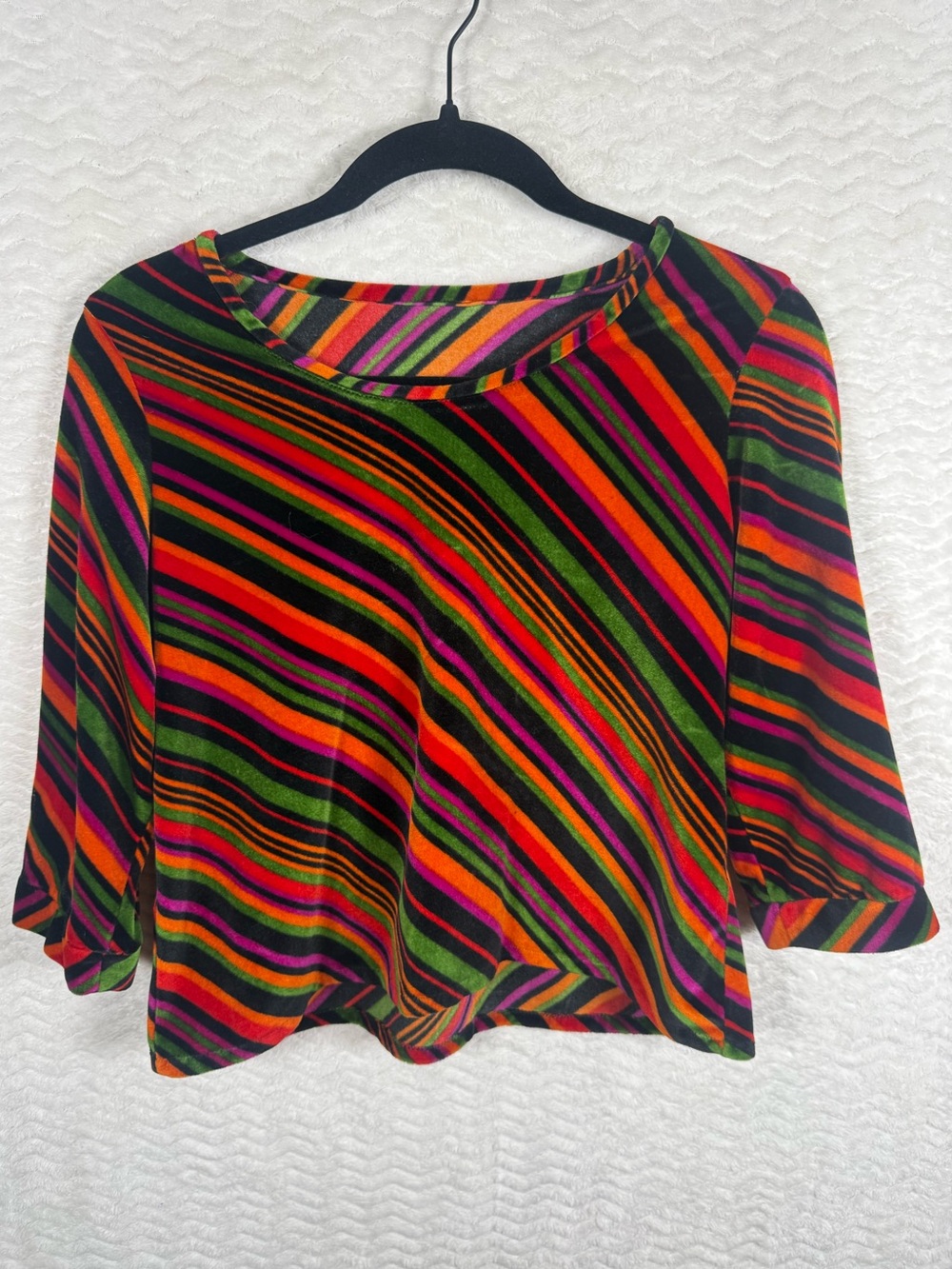 Women’s Multicolor Striped Velour Boatneck Top - Vibrant Green/Orange/Pink